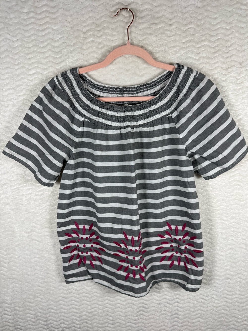 Fever Gray & White Striped Off-Shoulder Top with Pink Floral Accents